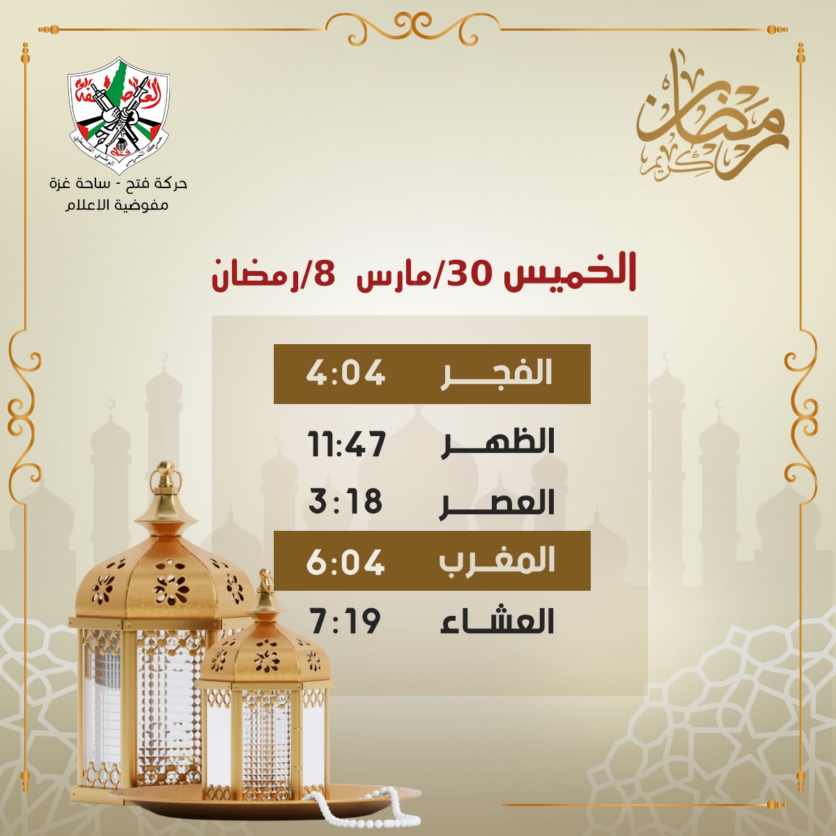 إمساكية يوم الخميس.. الثامن من رمضان