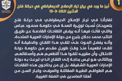 تيار الإصلاح الديمقراطي يصدر بيان حول رفض السلطة الفلسطينية تلقي لقاح كورونا